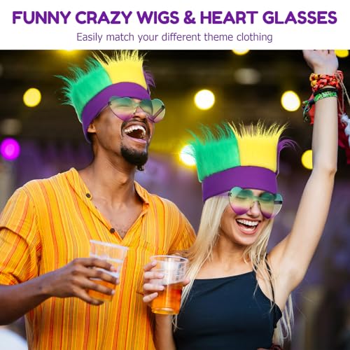 Image of Spirit Wear, Wigs and Heart Glasses for Crazy Hair Day Team Color War Fun Halloween Outfit (Mardi Gras)