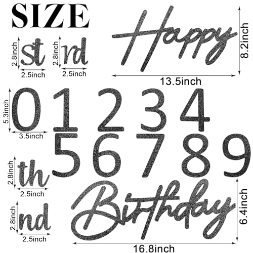Image of Glitter Black Happy Birthday with 0-9 Numbers Sign for Backdrop - Felt Custom Age Happy Birthday Sign