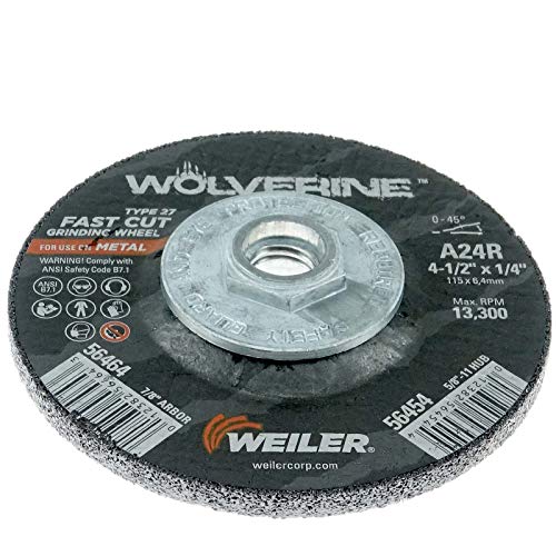 Image of Weiler 56454 4-1 /2 inch x 1 /4 inch Wolverine Type 27 Grinding Wheel, A24R, 5 /8 inch-11 UNC Nut (Pack of 10)
