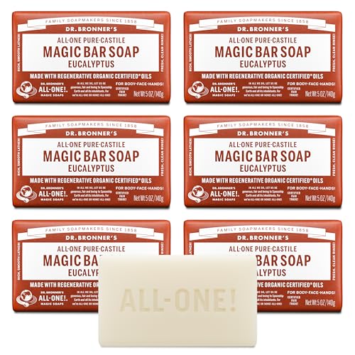 Dr. Bronners Pure-Castile Magic Soap Bars (Eucalyptus 5 oz 6-Pack)- Made with Regenerative Organic Certified Oils for Face Body & Hair - Gentle Vegan- Bar Soaps for Men & Women