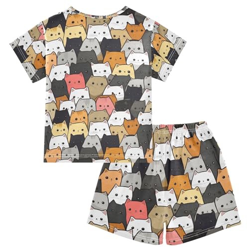 ALAZA Hipster Color Cat Kitten Pajamas Set Short Sleeve Cotton Sleepwear Summer Pjs 2 Piece 5-14Y2