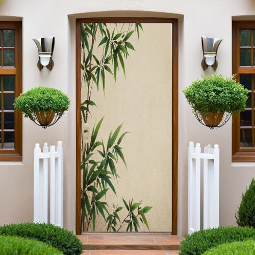 Style RéTro Autocollant Porte 77x200 cm Feuilles de bambou vertes 3D Art Stickers de Porte PVC Imperméable Trompe L'Œil Papier Peint Murale pour Salon...