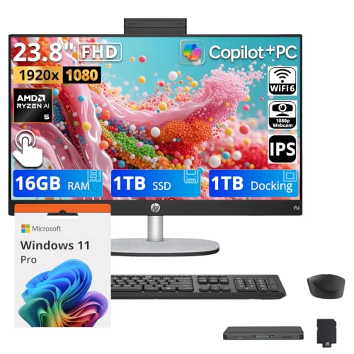 Image of HP 23.8 inch FHD Touchscreen All-in-One Desktop AI PC, AMD Ryzen AI 5 340, 16GB DDR5, 2TB Storage (1TB SSD+1TB Docking Station), FHD IR Camera, Wi-Fi 6, Wireless Keyboard & Mouse, Win11 Pro, Black