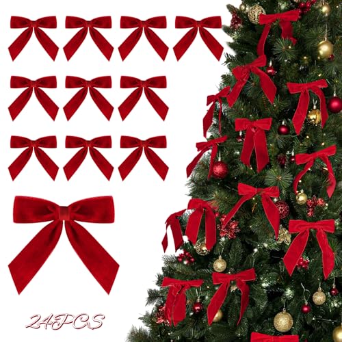 Christmas Decorations - Christmas Bows - 24 Pcs 7 x 6 inch Medium Red Velvet Bows for Christmas Tree - Burgundy Xmas Ribbon Ornaments - Home Decor for Wreath Garland Gift Wrapping Crafts Wedding Party