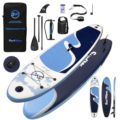 Surfwave パドルボード サップボード スタンドアップパドルボード 大人3人乗り 増強PVC 高密度素材 サイドカバー×2 耐高温 耐低温 海水に強い 空気漏れテスト 気圧安定テスト 水性接着剤 日本向け フルセット マルチサイズ マルチカラー (ライトブルー×ダークブルー 335*86*15cm)（Amazon）