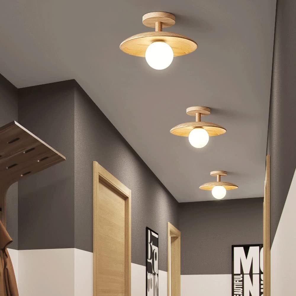 Lighting Rustic Farmhouse Flush Mount Ceiling Light 1-Light Wood Mini Semi Flush Mount Light Fixture, Rubber Wood Ceiling Chandelier for Hallway Kitchen Entryway (28CM)