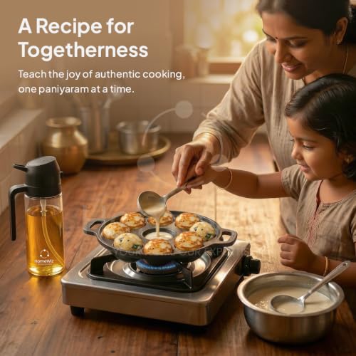 Image of HomeWiz Cast Iron Appe Pan 9 Cavity 22 cm | Free Oil Dispenser 500ml | Pre-Seasoned Appe Maker for Appam, Paniyaram & Appe | Non Stick Appam Pan | Naturally Non-Stick | Works On Induction & Gas