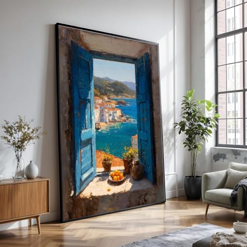 Toile vue côtière méditerranéenne 21x30cm village bord de mer