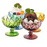 TIMEFOTO Ice Cream Glass Bowls Set of 4 Colored Dessert Bowls 7.5 Oz Vintage Diamond Glass with Footed Sundae Snack Cups for Farmhouse Holiday Party
