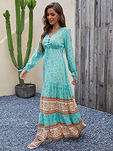 Floerns Women's Floral Print Boho V Neck Long Sleeve Flowy Maxi Dress Mint Blue M #TOP4