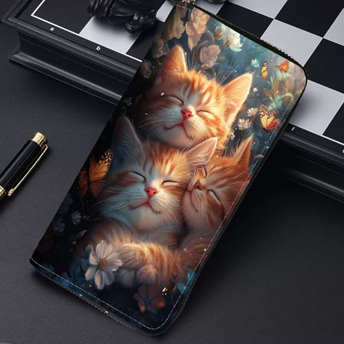 Image of RFID Blocking Leather Wallet for Women - Large Capacity Zip Around Clutch with 8 Card Slots,16 Cash Pockets & Coin Zipper,Cat and Butterfly