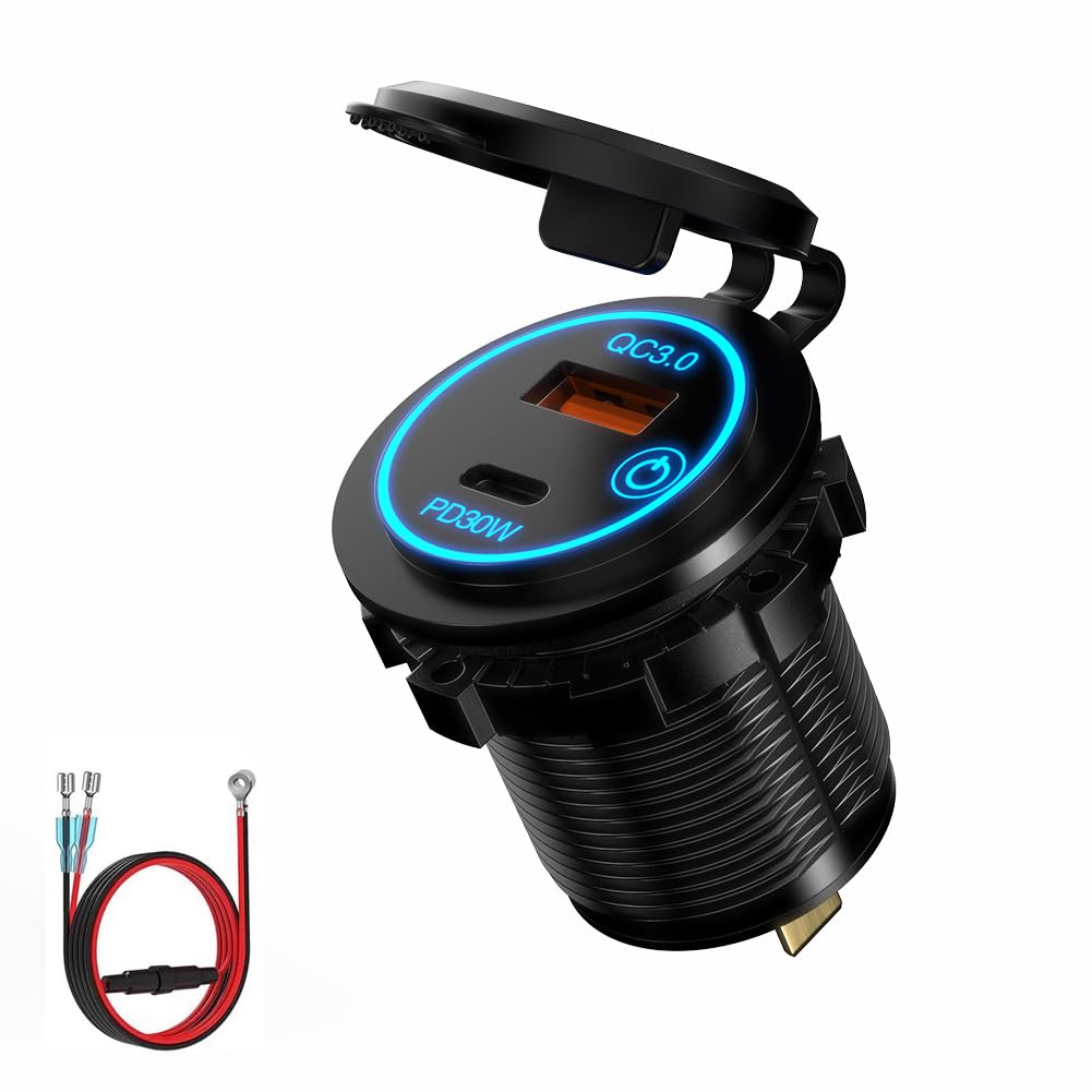 車載充電器 カーチャージャー 埋め込み式 改造用チャージャー PD typeC USB3.0 QC3.0 急速充電 充電器 LEDディスプレイ ソケット分配器 防水 USBポート iPhone/iPad/Android対応 12V/24V バイク/SUV/ATV/RVにも使用可能(ブラック)