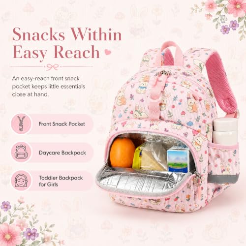Image of LOIDOU Toddler Backpack for Girls Ages 2-4, 12 Inch Mini Preschool Daycare Bookbag with Insulated Snack Pocket, Corduroy Small Kids Travel Backpack, Pink Bunny
