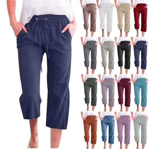 Capri Pants for Women,2025 Summer Casual High Waist Elastic Linen Pant Straight Wide Leg Cropped Trouser