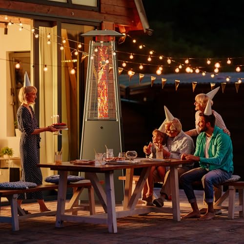 OLIXIS Pyramid Patio Heater 48000 BTU, Pyramid Patio Heater, Stainless Steel Propane Outdoor Heater with Pulse Ignition, Anti-Tip Safety & Moving Wheels, for Backyard Garden Deck Patio, Silvery