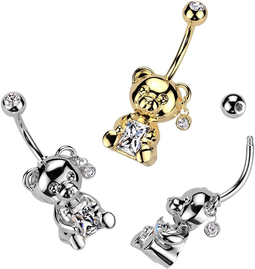 Pierced Owl 14GA 316L Stainless Steel CZ Crystal Center Bear Belly Button Ring - Image 3