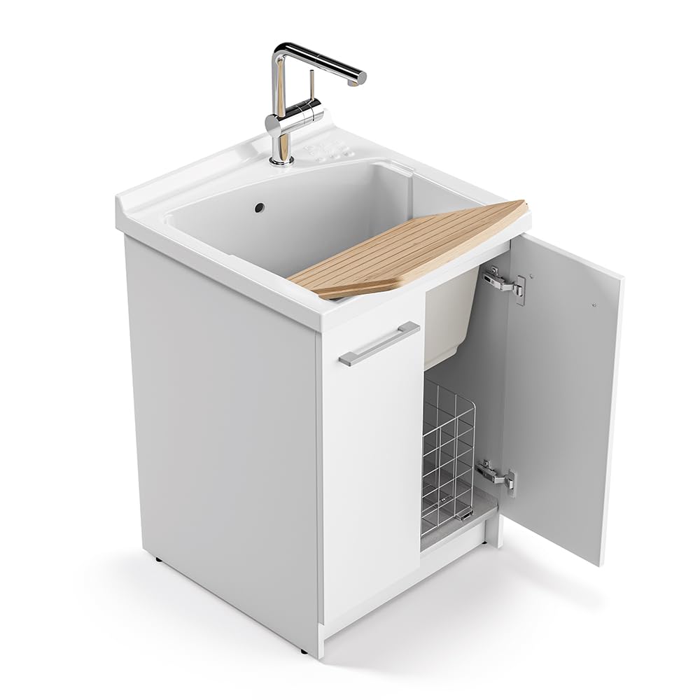 Mobile Lavatoio 61x50 Cm Con Vasca In Ceramica Linea Revine, Struttura Già Montata In Legno Nobilitato Bianco Con 2 Ante E Maniglie Cromo, Completo Di Asse Lavapanni