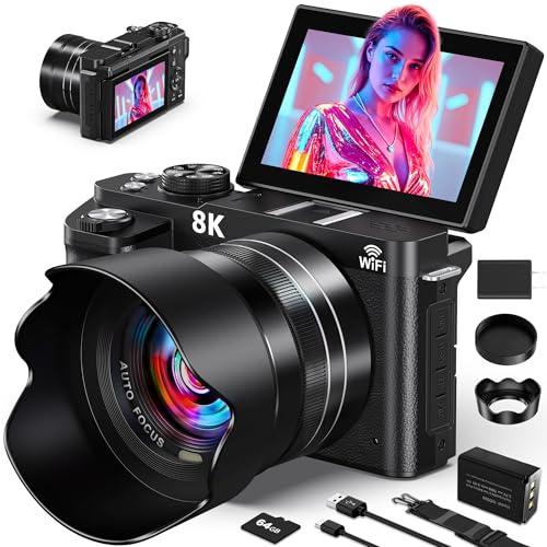 8K Digital Camera - 88MP WiFi Cameras for Photography - UHD Autofocus Vlogging Camera for YouTube 18X Zoom - Video Camara for Beginner Photographer with 3' 180° Flip Screen, Lens Hood, 64GB Card