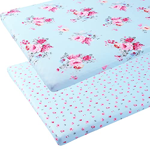 Image of Floral Pack n Play Stretchy Fitted Playard Sheet Portable Mini Crib Sheets Set 2 Pack Jersey Knit Ultra Soft for Baby Girl Boy Blue by Knlpruhk