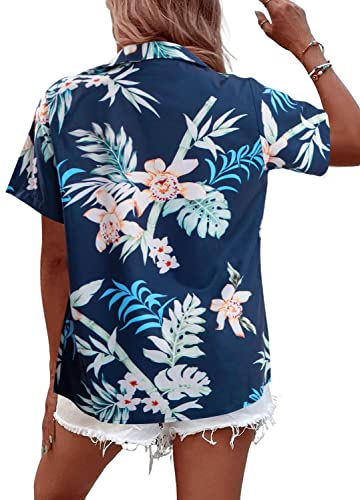 Women Hawaii Shirts: Soft Cool Floral Tropic Print V Neck Summer Tops Short Sleeve Button Up Tops T-Shirt3