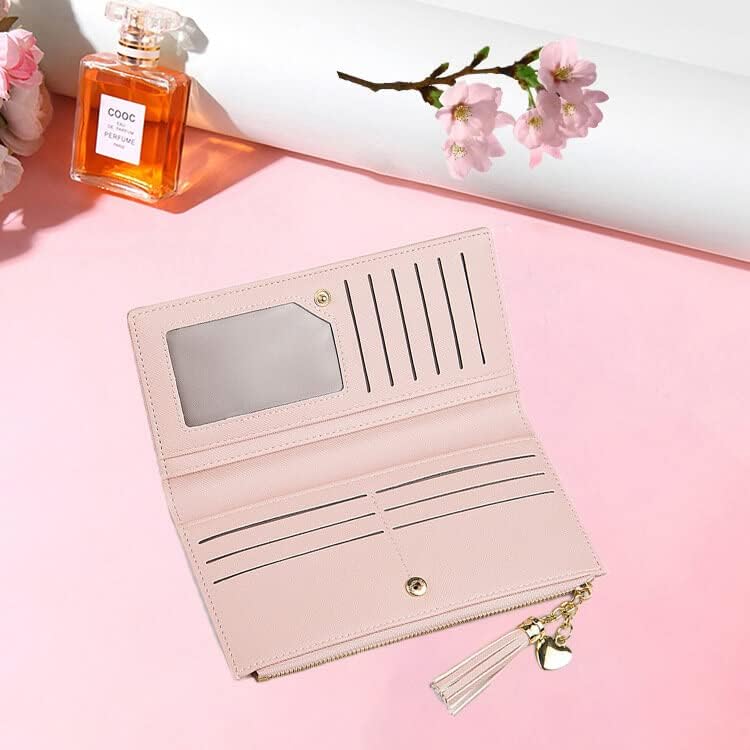 Miniatura 5 de Cartera larga para mujer con borla - Funda plegable de piel sintética delgada para tarjetas de crédito con bolsillo con cremallera, Rosado, Cartera