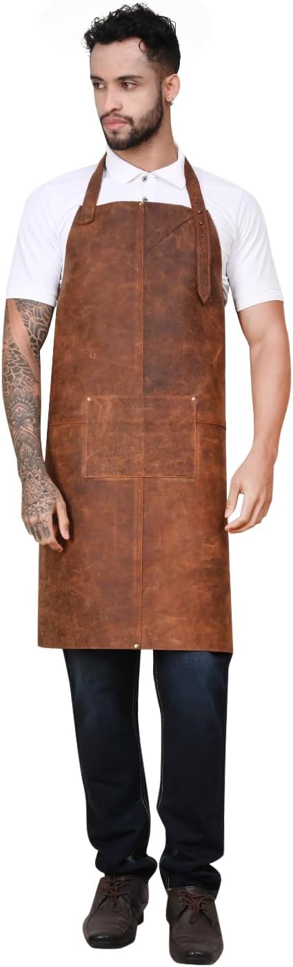 RABADA Leather Apron with Tool Pocket, Heavy Duty Apron, Woodworkers Apron, Mechanics Apron, Blacksmiths Apron, Carpenter Apron, Heat and flame resistance aprons, Adjustable M to 4XL Apron., Brown