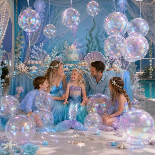 Image of 14 Pcs Iridescent Round Foil Balloons Mermaid Holographic Balloons | Iridescent Clear Balloon Mylar Balloon for Girls Mermaid Kpop Under The Sea Rainbow Birthday Wedding Disco Party Decoration