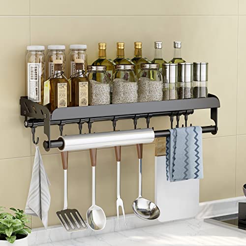ITHKFU Portaspezie da cucina senza foratura, portaspezie da appendere con aste e 10 ganci, mensola da cucina da parete per spezie, in acciaio inox, per bagno e cucina, 60 cm, nero