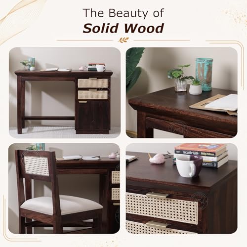 Image of NSH Solid Sheesham Wood Study Table with Chair | Wooden Writing Desk with Drawer & Door Storage | Pre-Assembled Computer Desk Workstation for Home Office & Study Room | Walnut Finish