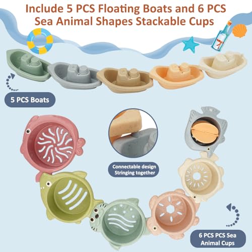 Baby Bath Toys Floating Boats and Sea Animal Shapes Stackable Cups for Toddlers 1-3 | 11 PCS Mold Free Bathtub Toy for Infants 6-12 Months | No Mold Pool Toys Shower Toys for 1 2 3 Year Old