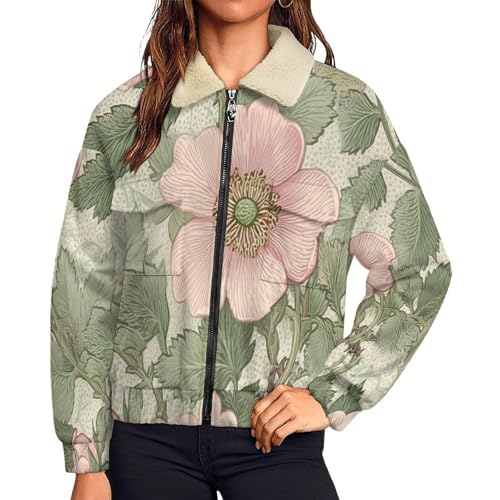 Chaqueta de forro polar para mujer con cremallera completa y estampado de rosas