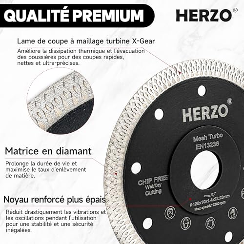 HERZO Disque Diamant 125 mm x 22,23 mm pour Carrelage - Disque Diamant 125 mm pour Carrelage, Grès Cérame, Porcelaine et Céramique – vue 3