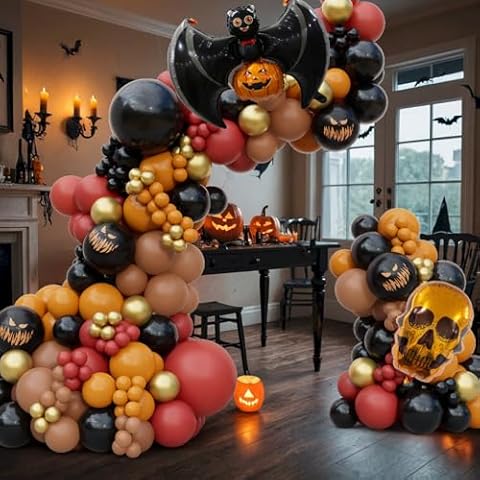 DBKL 160Pcs Halloween Balloon Garland Arch Kit, Black Dusty Orange Yellow Gold Halloween Balloon Arch with Giant Pumpkin Skull Bat Foil Balloons 3D Bat Stickers for Halloween Party Decorations Cover