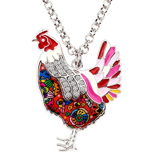 BONSNY Enamel Silvestone Farm Lover Chicken Hen Necklace Pendant Charm Fashion Jewelry For Women Gift (Red)