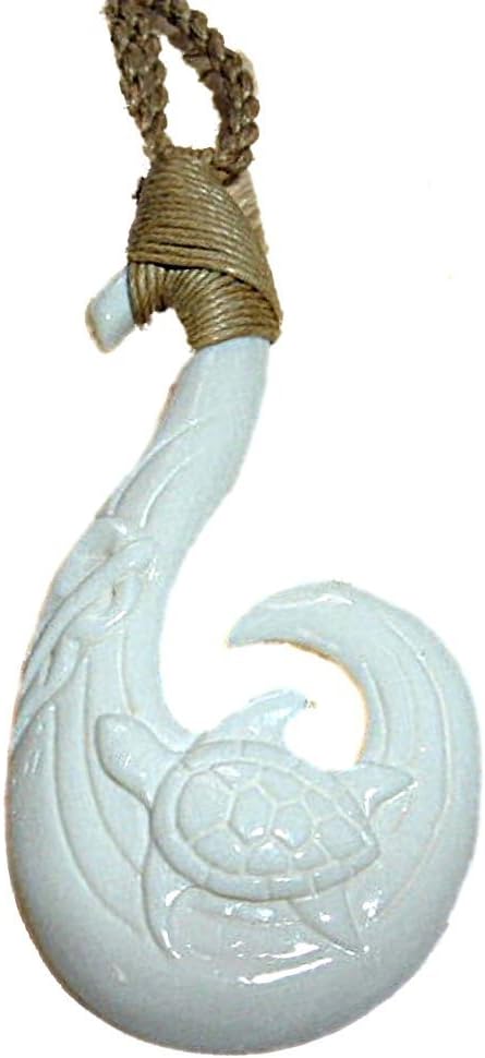 JKWHAWAIIAN HONU SEA TURTLE FISH HOOK BONE CARVED PENDANT/NECKLACE