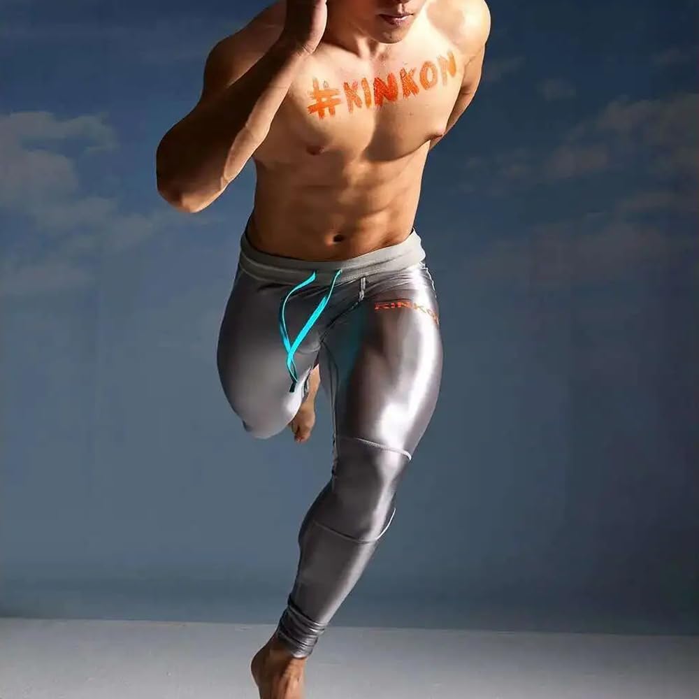 Liaeglam Futurism Glossy Men's Sexy Silver Tight Yoga Leggings Training Gym Sports Pants