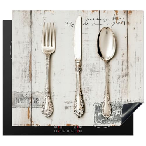 KitchenYeah© Protector Vitroceramica 60x52 cm Tapa para induccion Placa Encimera Cubre de Protectora Cocina Plata - Cubiertos - Madera