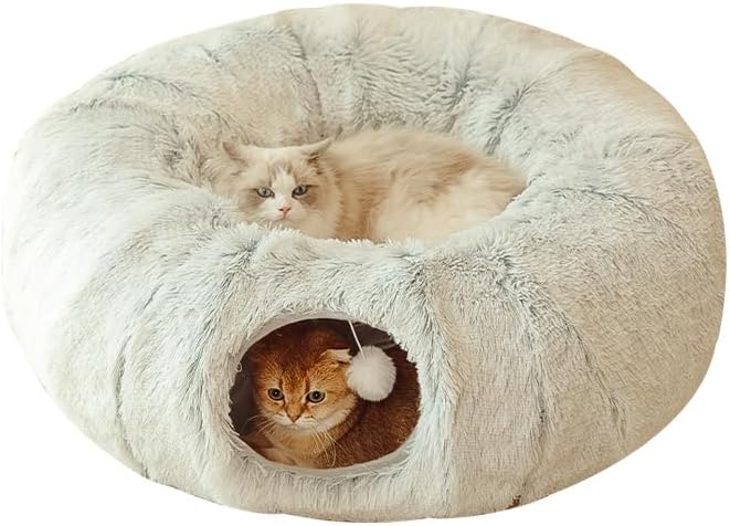 2イン1の猫トンネルとベッド、居心地の良いいないいないいないいないいないいないでなしのドーナツ猫ベッドケーブ かくれんぼ遊び用 多機
