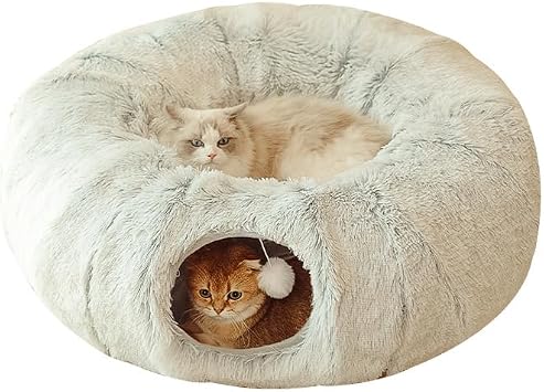 2-in-1 Cat Tunnel and Bed, Cozy Peekaboo Donut Cat Bed Cave for Hide & Seek Play, Multifunctional Play Hideout Toy for Indoor Cats Kittens, Rabbits, Ferrets