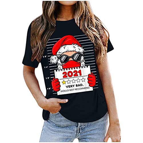 Merry Christmas T Shirts for Women Xmas Tree Santa Claus Deer Graphic Top Short Sleeve Crewneck Casual Holiday Blouse (05 Black, S)