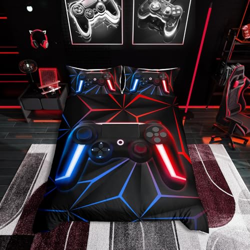 Homewish Gaming Bedding Set Single Gamer Comforter Cover for Boys 3D Gaming Geometric Duvet Cover Gamepad Gamer Console Bedding for Kids Girls Teens Video Game Bedspread Cover