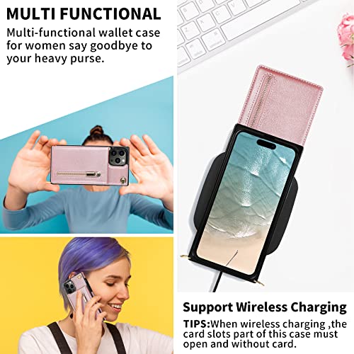 HOGGU-Crossbody-iPhone-14-Pro-Max-Case-Wallet-with-Card-Holder-Flip-Leather-iPhone-14-Pro-Max-Crossbody-Case-with-Strap-Kickstand-Zipper-Purse-Protective-Square-Phone-Cover-for-Women-Girls-Pink