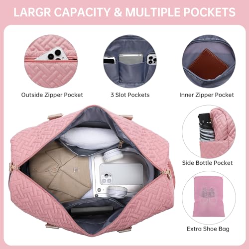 Image of Duffle Bag for Travel, Weekender Bag with Shoe Compartment, Carry On Overnight Bag for Women with Toiletry Bag, 50L Gym Bag with Wet Pocket, Hospital Bags for Labor and Delivery, style2-pink&brown