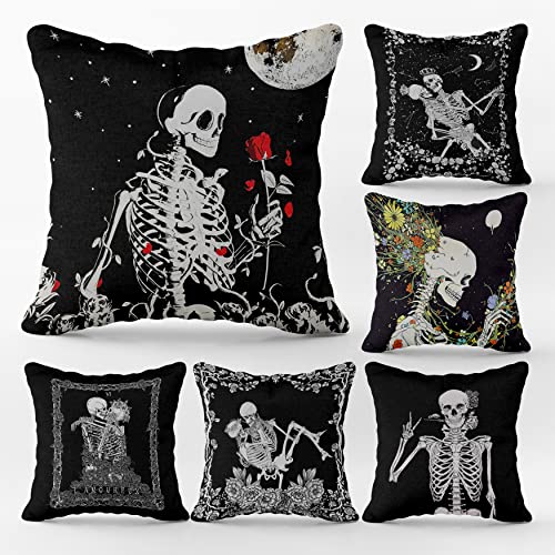 (Rb) Skull The Kissing Lovers Art Flannel Throw Pillow Case, 18 X 18 Inch Set Of 6, Gift For Wife, Girlfriend, Gift For Couples, Skull Lovers, Wedding,Skull Theme Room Cushion Cover For Sofa Couch Bed #TOP30