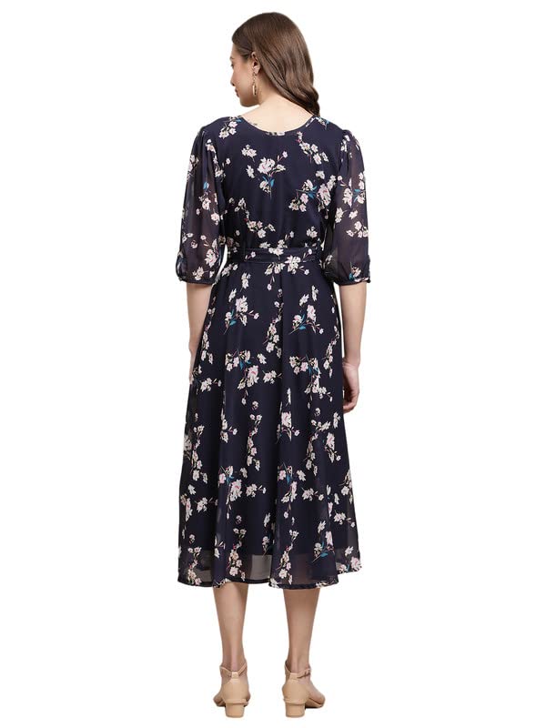 Preneum Women's Maxi Fit & Flare Latest Style Print Georgette Regular Sleeves Casual Dress |Summer Dress Festival & Occasion Maxi Gown,Dark Blue,Xl