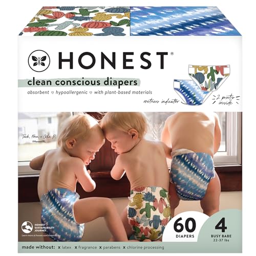 Image of The Honest Company Clean Conscious Diapers | Plant-Based, Sustainable | Tie-Dye For + Cactus Cuties | Club Box, Size 4 (22-37 lbs), 60 Count