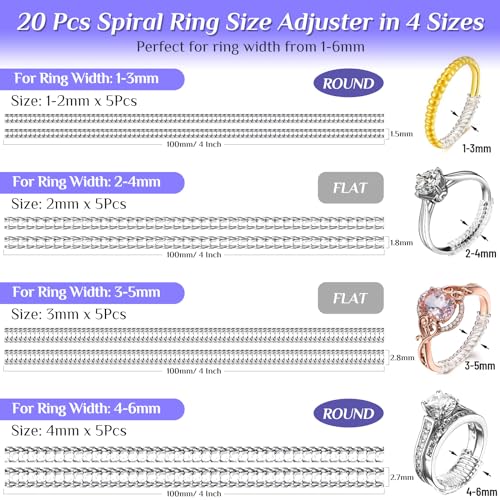 22 Pack Ring Sizer Adjuster for Loose Rings, 4 Sizes Silicone Ring Guards Invisible Ring Adjuster Spiral Ring Spacers Fitter with Polishing Cloth, Transparent Ring Resizer Tightener for Women and Men