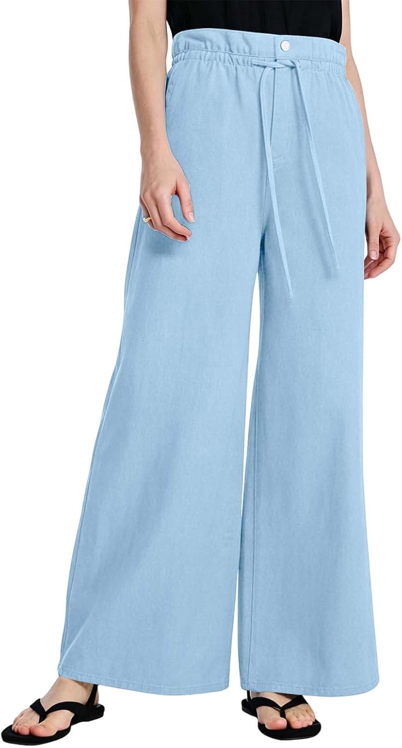 Wide Leg Elastic High Waisted Pants for Women Loose Palazzo Pants for Summer Casual Beach Vacation Travel Wear