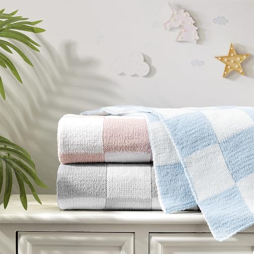 Image of CREVENT 30 inchX40 inch Cozy Soft Warm Chenille Baby Blanket for Girls Boys, Newborn Essentials for Infant, Baby Shower Receiving Gift - Checked Grey 75X100cm