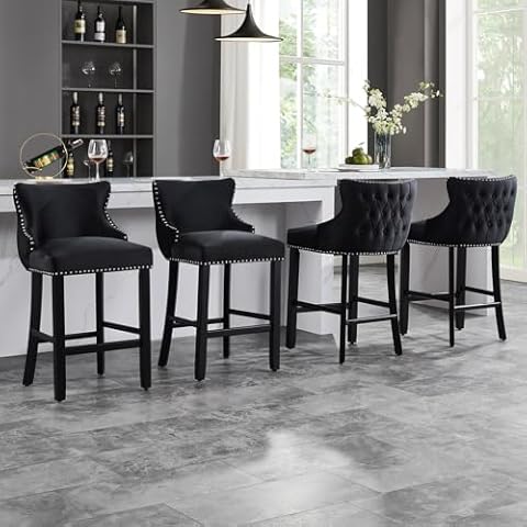 Nrizc Velvet Bar Stools Set of 4, Tufted Counter Height Bar Stools with Back, Wooden Bar Stools for Kitchen Island, Upholstered Bar Stools (Black) Cover